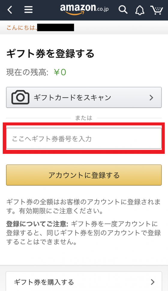 Amazonギフト券登録画面