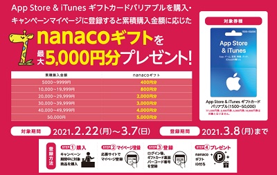セブンイレブンのiTunesカード購入でnanaco還元キャンペーン